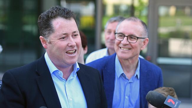 Health Minister Jack Snelling announces his departure alongside Premier Jay Weatherill at the new RAH. Picture: Tom Huntley