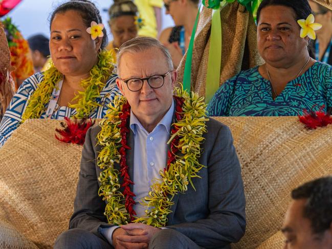 Prime Minister Anthony Albanese  receives a warm welcome in Satapuala Village, Samoa. The Prime  Minister is in Samoa for the CHOGM summit. The village “adopted” Australia for the CHOGM summit with each Samoan village representing a different Commonwealth nation during the event. Picture: PMO