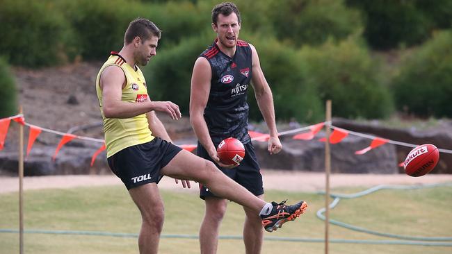 Former Melbourne Mark Jamar (left, pictured with Matthew Leuenberger) is Essendon’s latest top-up player signing. Picture: Wayne Ludbey.