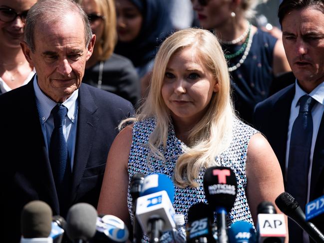 Virginia Giuffre, an alleged victim of Jeffrey Epstein, speaks outside federal court in New York. Picture: Bloomberg