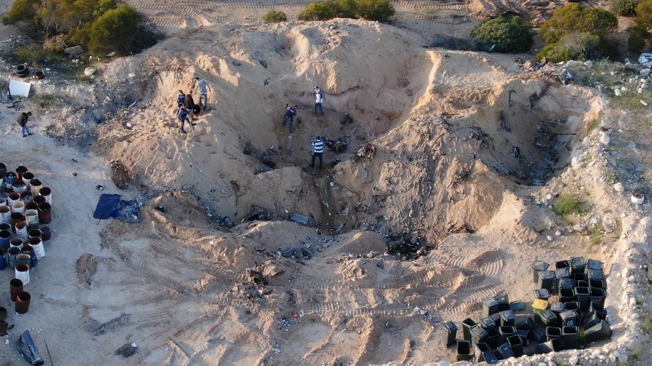 Drone shots of the dig that discovered the burnt-out car at the Hells Angels’ Ponde property. Picture: Nine News