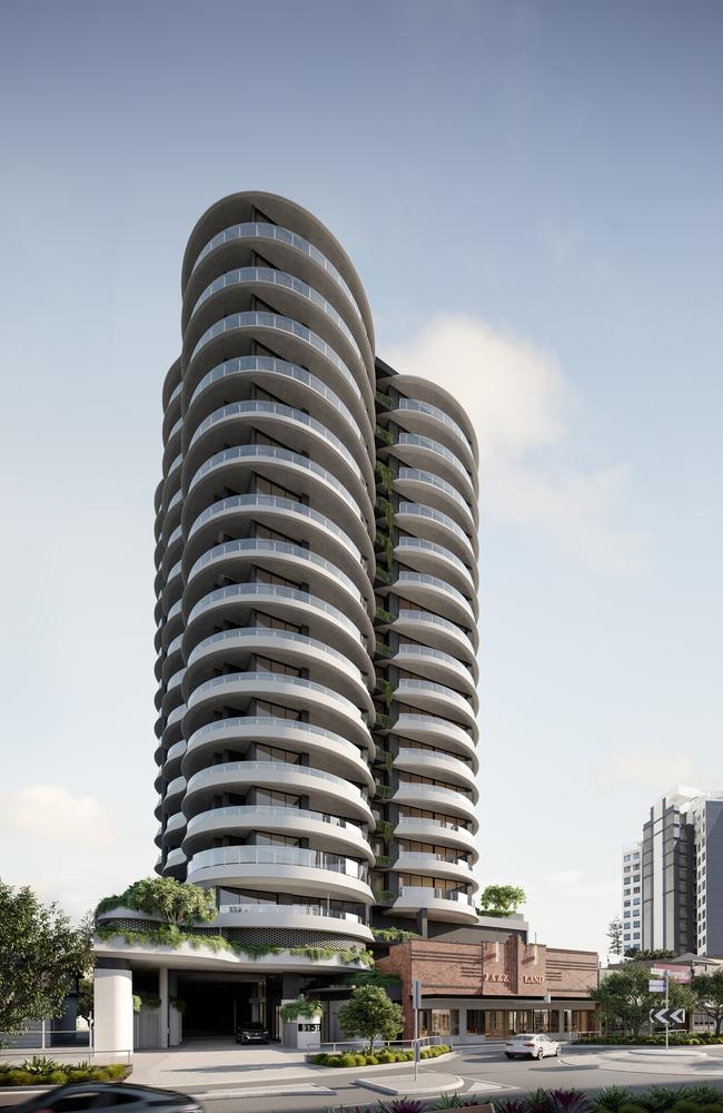 Artist impression of BeckDev's revamped Jazzland Tower development which is planned for a McLean Street site in Coolangatta. Picture: Supplied