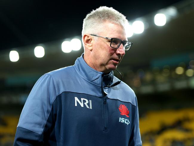 WELLINGTON, NEW ZEALAND - MAY 03: Waratahs coach Darren Coleman during the round 11 Super Rugby Pacific match between Hurricanes and NSW Waratahs at Sky Stadium, on May 03, 2024, in Wellington, New Zealand. (Photo by Hagen Hopkins/Getty Images)