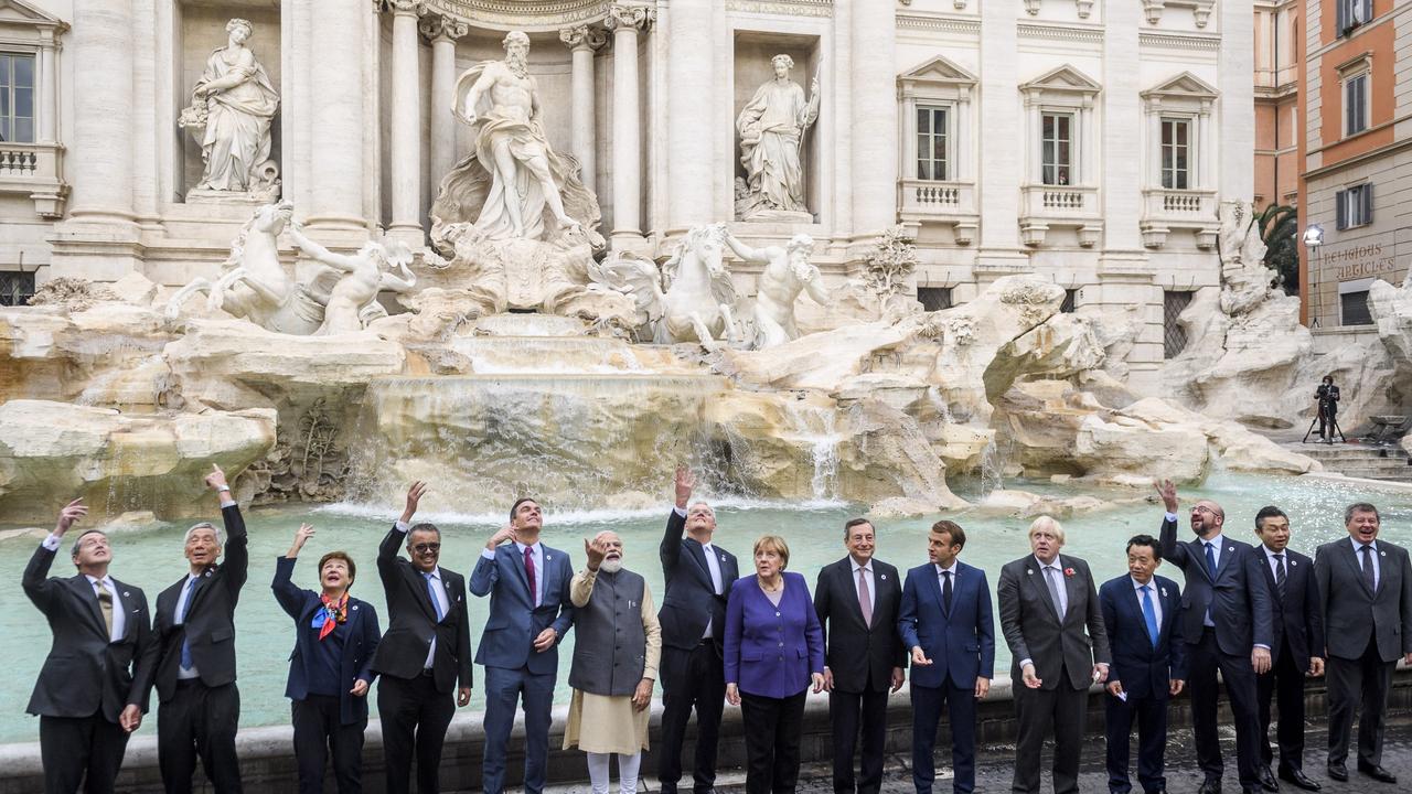 Scott Morrison joins world leaders at the popular tourist spot Trevi fountain.