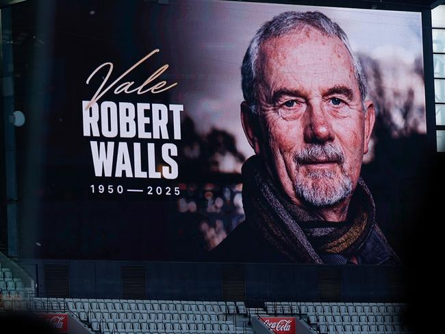 MELBOURNE, AUSTRALIA - MAY 22: A photo is displayed on the big screens during Robert Walls Funeral Service at the Melbourne Cricket Ground on May 22, 2025 in Melbourne, Australia. (Photo by Michael Willson/AFL Photos via Getty Images)