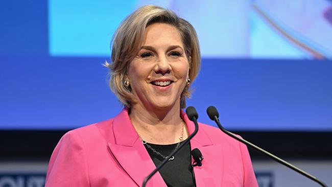 Elon Musk's right hand woman at Tesla, Robyn Denholm, speaks at the QUT Business Leaders Forum. Picture: Lyndon Mechielsen