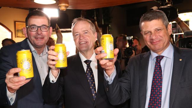 Victorian Premier Daniel Andrews, Opposition Leader Bill Shorten and Former Victorian Premier Steve Bracks. Picture: Kym Smith