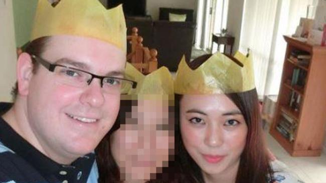 Murder victim Mengmei Leng (far right) with her uncle and accused killer Derek Barrett.