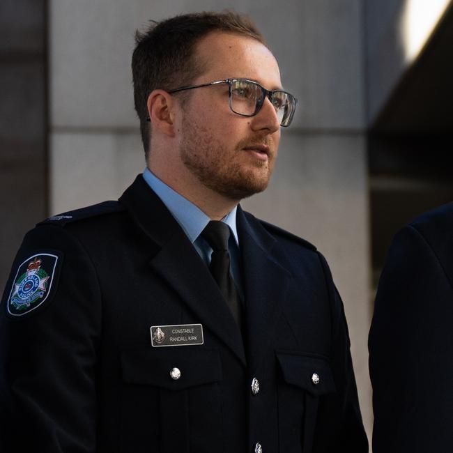 Constable Randall Kirk leaves the Brisbane Coroners Court in Brisbane after giving evidence. Picture: Dan Peled / NewsWire