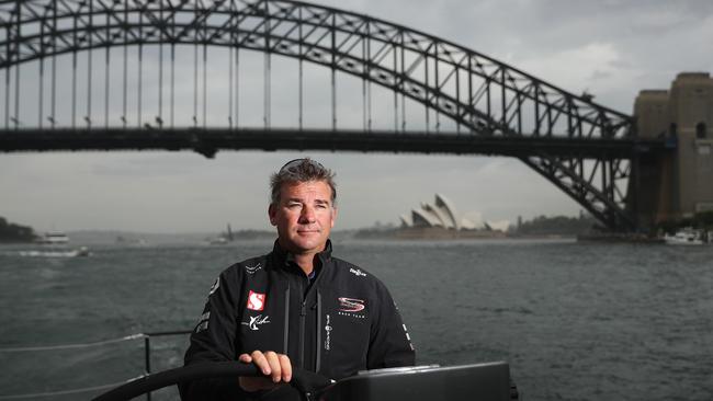 Skipper David Witt aboard Scallywag during training on Sydney Harbour ahead of the 2018 Sydney Hobart Yacht Race. Picture: Brett Costello