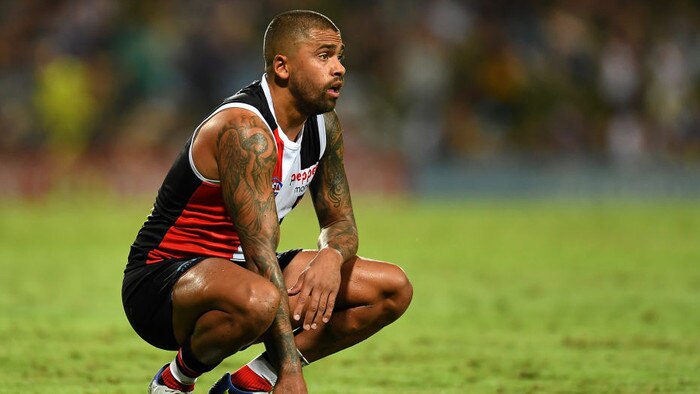CAIRNS, AUSTRALIA - APRIL 30: Bradley Hill of the Saints looks on during the round seven AFL match between the St Kilda Saints and the Port Adelaide Power at Cazaly's Stadium on April 30, 2022 in Cairns, Australia. (Photo by Albert Perez/AFL Photos via Getty Images)