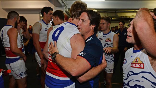 Jake Stringer and Luke Beveridge in happier times. Picture: Daniel Wilkins