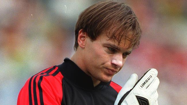 Mark Bosnich playing for the Socceroos against Brazil in 1999.