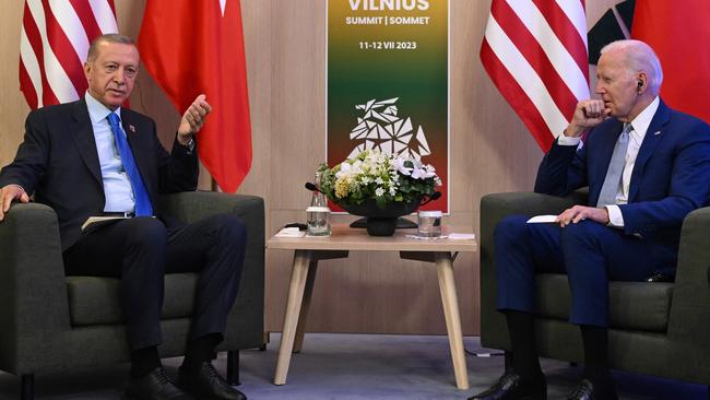 Recep Tayyip Erdogan holds bilateral talks with Joe Biden at the NATO Summit. Picture: AFP.