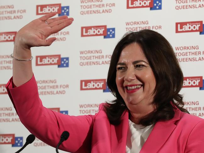 BRISBANE, AUSTRALIA - OCTOBER 31: Queensland Premier Annastacia Palaszczuk waves to supporters at her polling party in Inala, on October 31, 2020 in Brisbane, Australia. Labor premier Annastacia Palaszczuk has claimed Victory in 2020 Queensland State Election, against the Liberal National party led by Deb Frecklington. A record number of Queenslanders voted early ahead of election day, due to the COVID-19 pandemic. (Photo by Jono Searle/Getty Images)