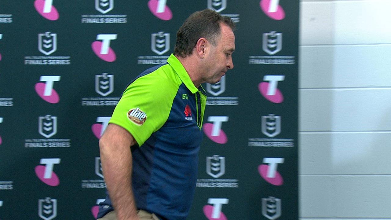 Raiders coach Ricky Stuart abruptly leaves the press conference.