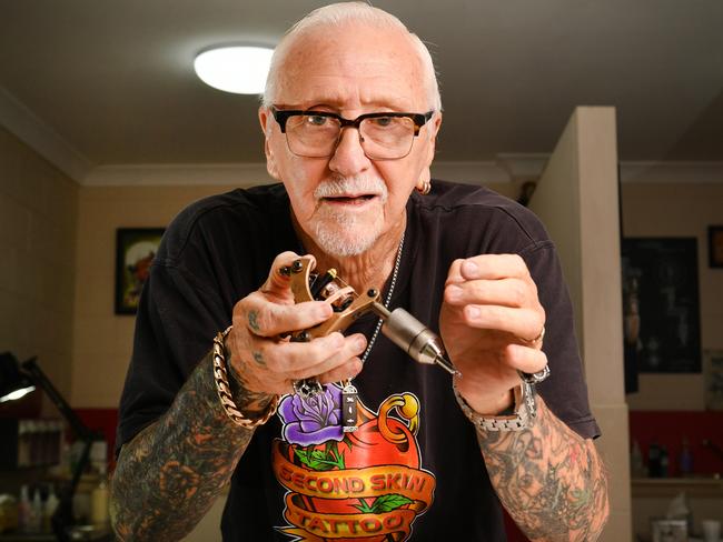 Owner of Second Skin Tattoo, Les Bowen has been tattooing for 66 years. Picture: Alix Sweeney