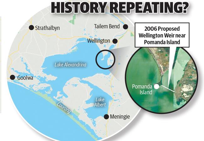 A map of the Lower Lakes and Coorong, with the position of the past proposed weir.