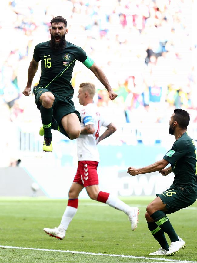 Mile Jedinak celebrates after scoring against Denmark. Picture: Getty Images