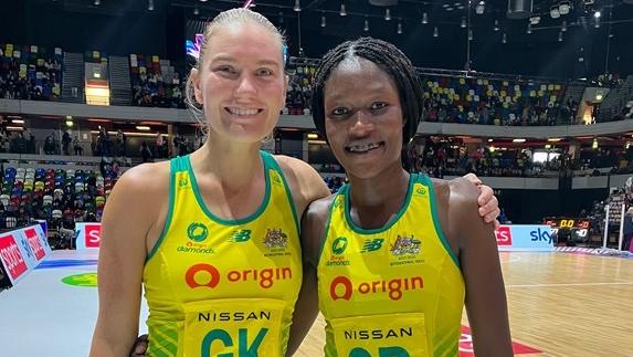 Diamonds defenders Courtney Bruce (left) and Sunday Aryang. Photo: Netball Australia.