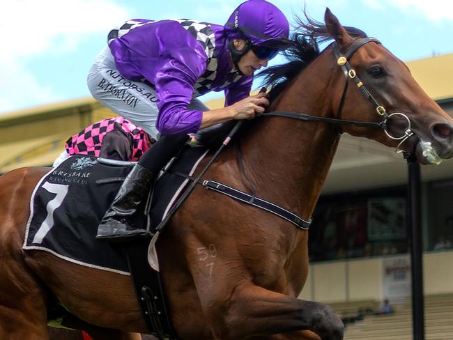 Jockey Boris Thornton rides Tumbler Ridge to victory in race 3, the QTIS 2YO Handicap, during Saturday Raceday at Eagle Farm Racecourse in Brisbane, Saturday, March 7, 2020. (AAP Image/Albert Perez) NO ARCHIVING, EDITORIAL USE ONLY