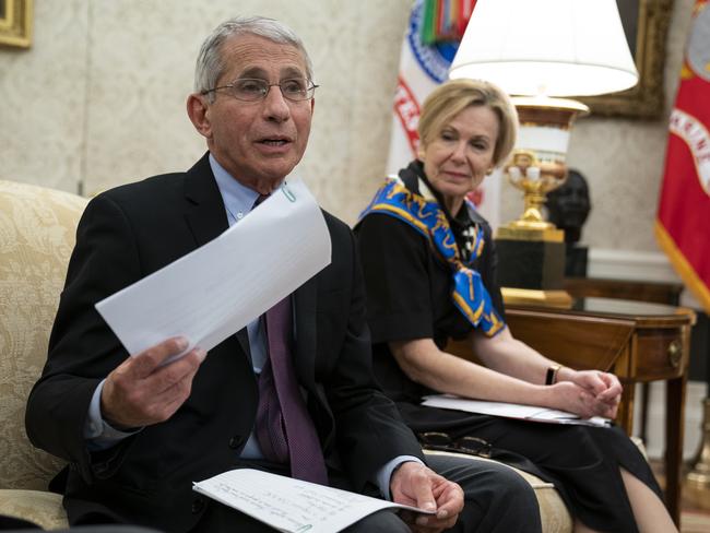 White House coronavirus response co-ordinator Dr Deborah Birx (right) listens as director of the National Institute of Allergy and Infectious Diseases Dr Anthony Fauci speaks at the White House. Picture: AP