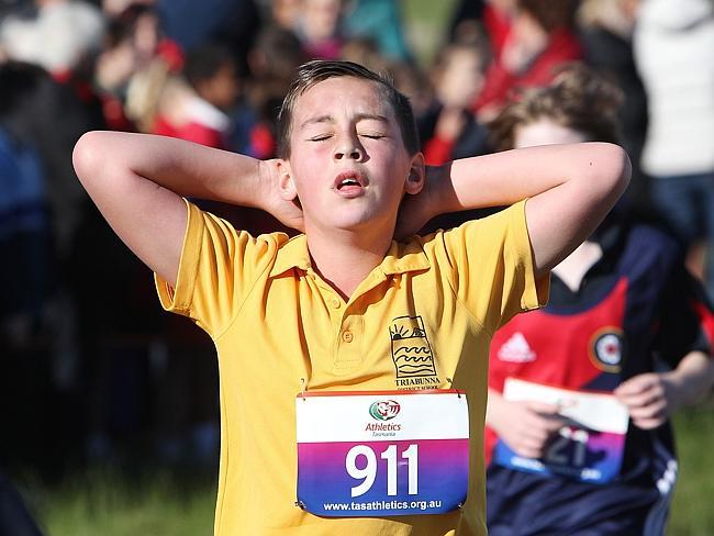Feeling the pain after completing the Tasmanian Primary All Schools Cross Country at Symmons Plains.