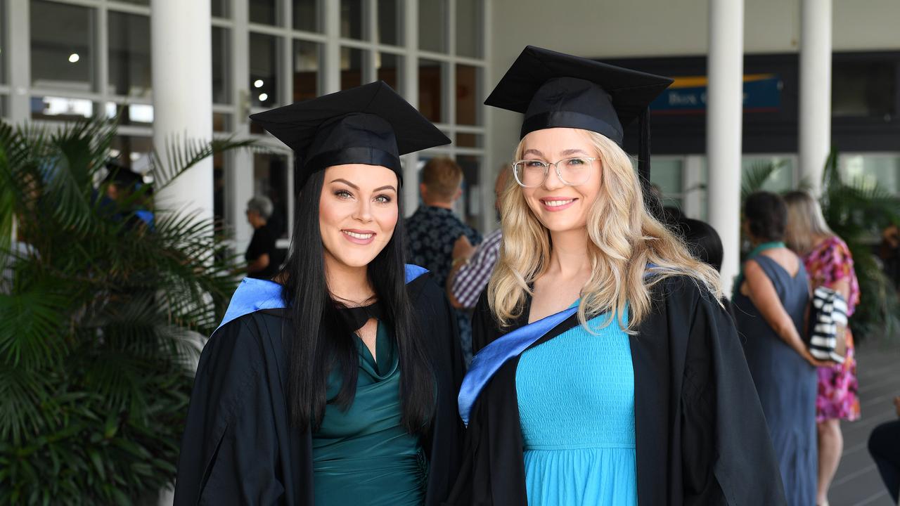 Ainsley Sloman and Tara Froeschle at the James Cook University 2023 Graduation. Picture: Shae Beplate.