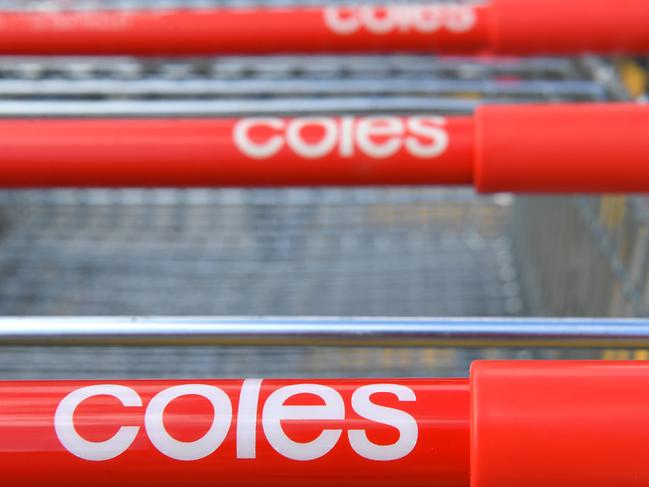 Coles Group shopping trolleys are seen in Brisbane, Wednesday, April 29, 2020. Supermarket retailer Coles has reported a 13 per cent rise in sales for the first three months of the year. (AAP Image/Darren England) NO ARCHIVING