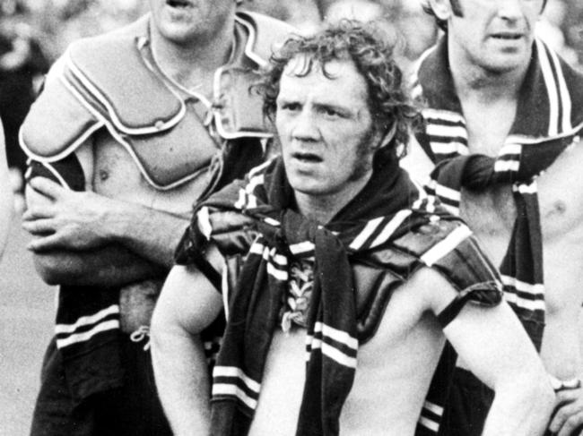 Disappointed players including Cliff Watson (L) and Tommy Bishop (front) after Manly-Warringah defeated Cronulla-Sutherland in 1973 first grade Grand Final at SCG in Sydney, 15/09/73. Picture: News Ltd Archive (copyright)