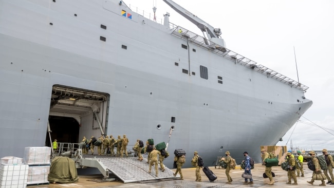 A COVID-19 outbreak has occurred on HMAS Adelaide with 23 crew members testing positive to the virus. Picture: CPL Robert Whitmore/Australian Defence Force via Getty Images
