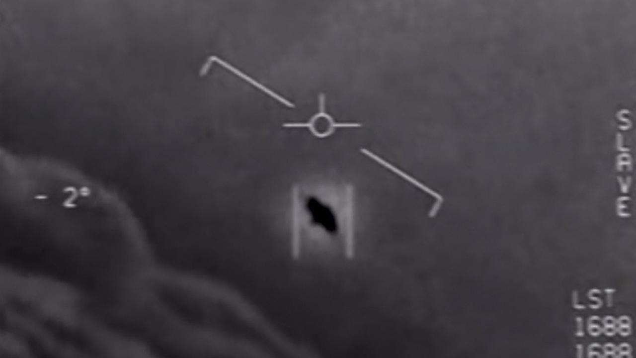 A video taken by navy pilots that have circulated for years showing interactions with ‘unidentified aerial phenomena’. Picture: Handout/DoD/AFP