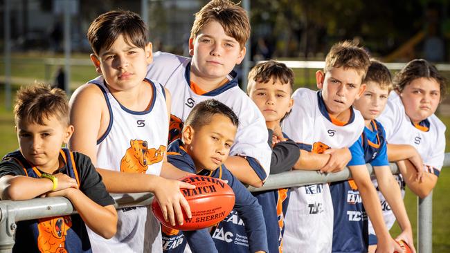 Burnside Heights Bears juniors, from left, Jay, 8, Isaiah, 11, Lucas, 7, Lucas, 11, Levi, 9, Blake, 9, Luke, 9, and Nevaeh, 9. Picture: Mark Stewart