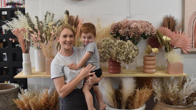 Renee Lavender with her son at her new store. Picture: Matthew Forrest