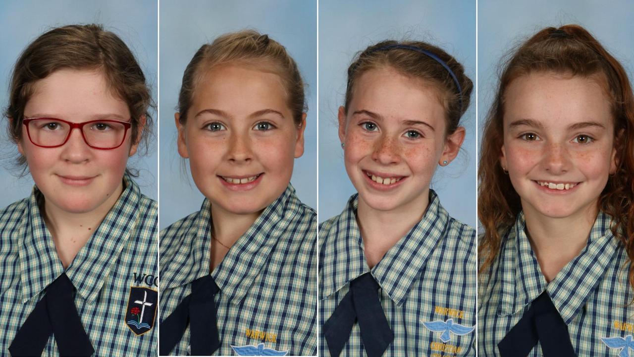 Warwick Christian College 2022 primary school captain Annabelle Wright, vice captains Bella McErvale and Chloe Vaughan, and school captain Ashyah Gorrie.