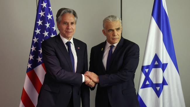 Antony Blinken with Israeli opposition leader Yair Lapid in Tel Aviv on Tuesday. Picture: Pool/AFP