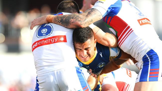 Will Penisini charges into the Knights defence during their NRL finals clash at Browne Park, Rockhampton. Picture: Albert Perez/Getty Images