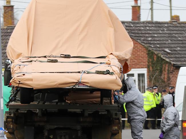 Forensic teams remove a recovery truck used in the aftermath of the Salisbury nerve agent attack. Picture: Getty