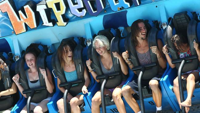 At Dreamworld on the Wipeout. (L-R) Gemma Doherty, Kiara Doherty, Lucy Doherty and Rob McLean. 