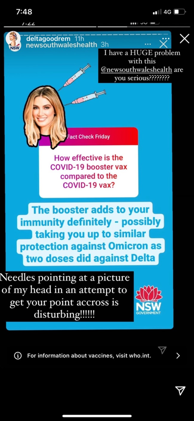 Delta shared the NSW Health post with her own angry commentary.