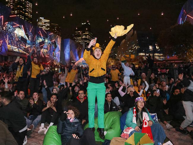 Matildas fans watching the action in Federation Square. Picture: Ian Currie