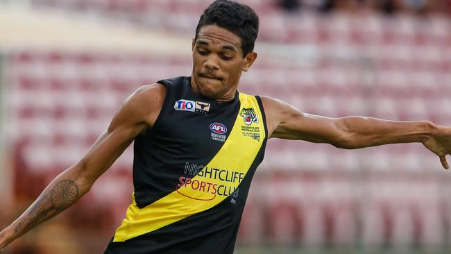 Goalkicker Liam Holt-Fitz missed Nightcliff’s second semi-final loss to St Mary’s. Picture: Glenn Campbell