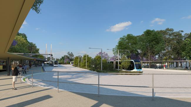 Artist impression of the Brisbane Metro UQ Lakes Station. It is due to open in October.