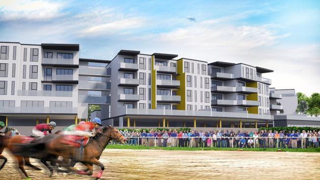 An artist impression of the proposed resort tower development as racing is held at the Gold Coast Turf Club. Picture: Supplied