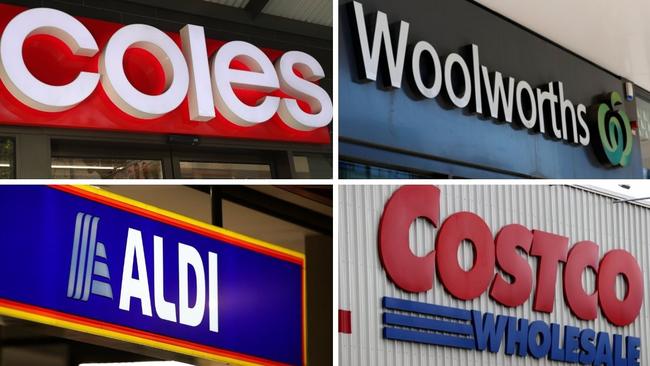 Coles, Woolworths, Aldi, Costco composite. Picture: NCA Newswire