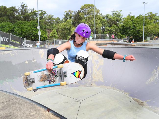 Skate athletes from Skateboard Australia's Gold Coast training camp go through their bag of tricks at Pizzey Park. Aayliah Wilson 16 from Melbourne pushing the boundaries.. Picture Glenn Hampson