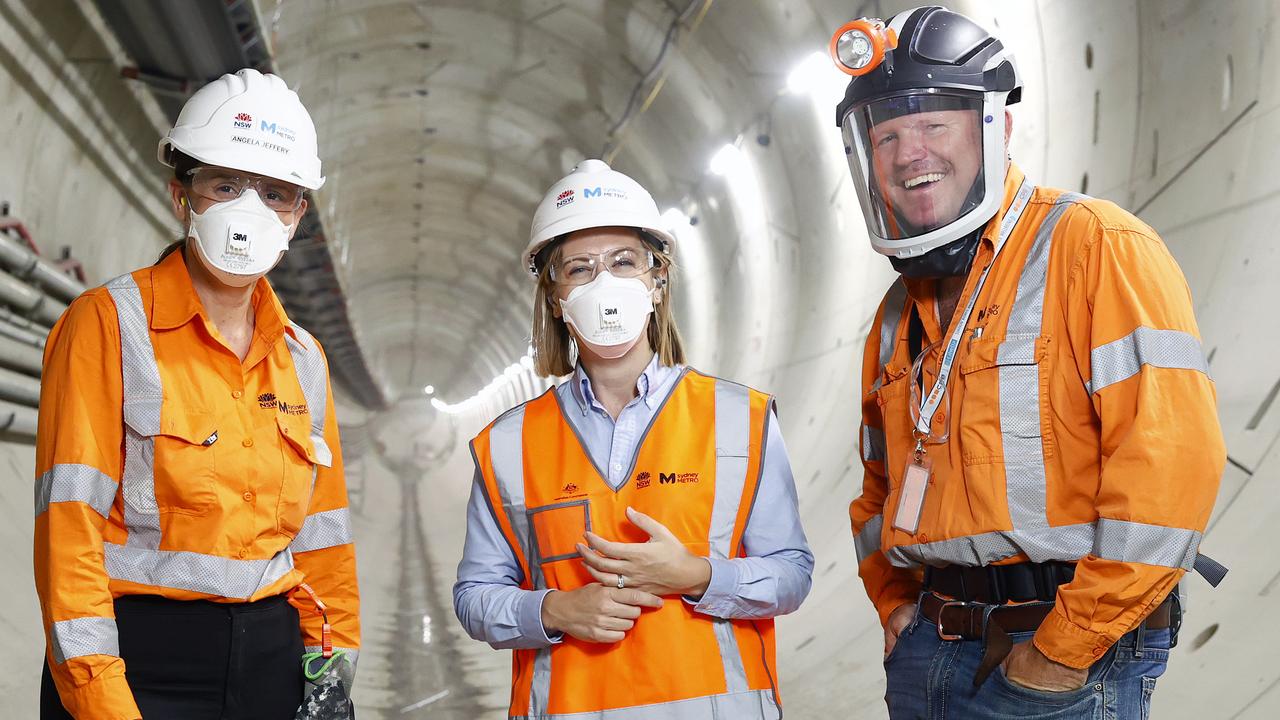 Angela Jeffrey Project Director Sydney Metro – Western Sydney Airport, NSW Minister for Transport and Roads Jo Haylen and Tim Burns Project Director CPB Contractors Ghella JV underground in a tunnel section at the well-underway Metro Western Sydney Airport. Picture: Richard Dobson