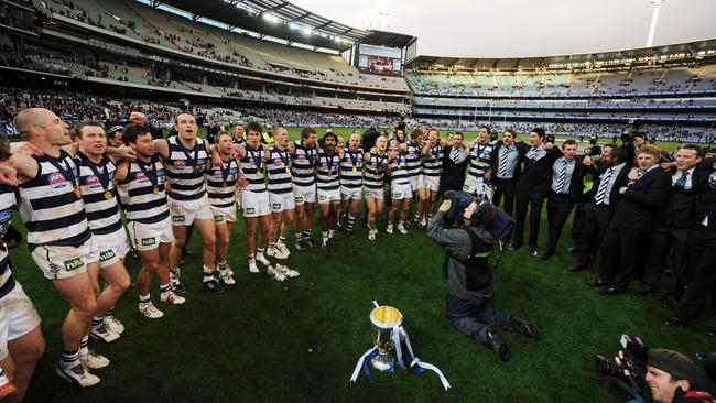 The Cats celebrate the 2009 Grand Final victory, one of three in a five-year stretch.