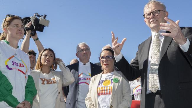 Prime Minister Anthony Albanese, Minister for Indigenous Australians Linda Burney and supporters of Yes23 at Goodwood. Picture: Chris Kidd