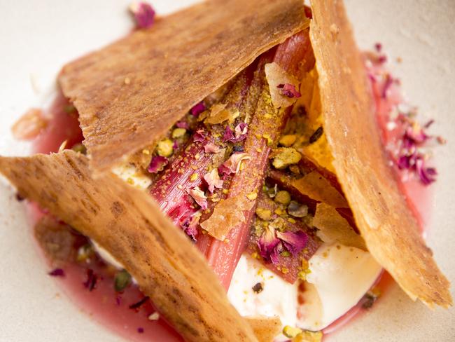 Poached rhubarb, pistachio pastry, yoghurt and rose. Picture: Troy Snook